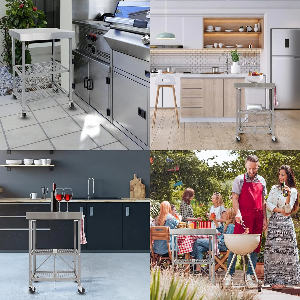 Stainless Steel 3-Tier Foldable Rolling Cart B6924