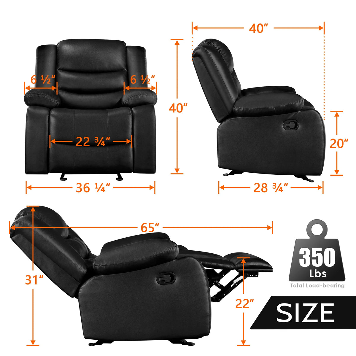 Oversized Faux Leather Manual Rocker Recliner Chair, Black W30626