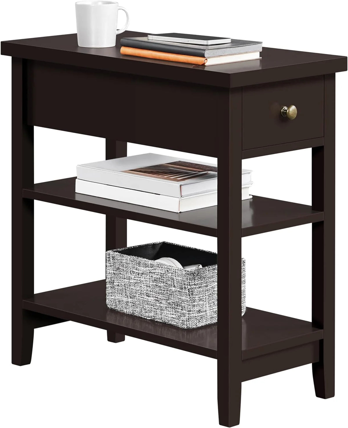 3-Tier Narrow Side Table with Drawer and Storage Shelves, Espresso K77240