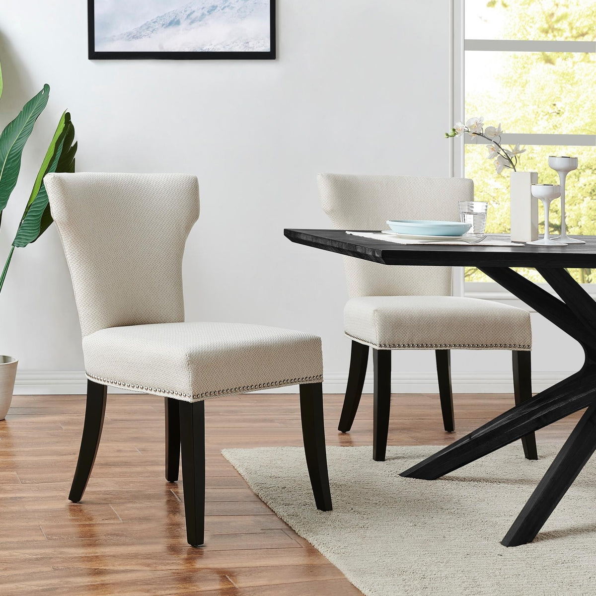 Cream Black Upholstered Fabric Side Chairs Set of 2 O104890