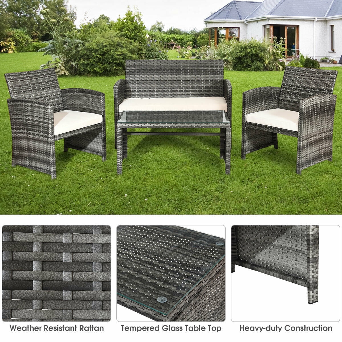 White Rattan Patio Furniture Set with Glass Table Top Cushioned Sofa F127