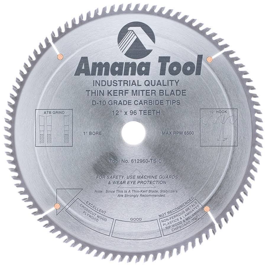 Carbide Tipped Thin Kerf Miter Saw Blade, 12 inch Dia x 96T, 1 inch Bore R114
