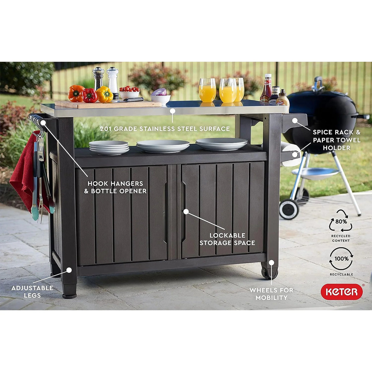 Brown Outdoor Kitchen Rolling Cart with Storage Cabinet V283