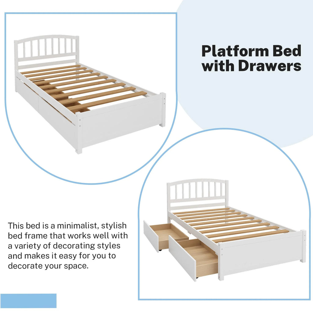 White Wood Twin Size Platform Bed with 2 Drawers S66372