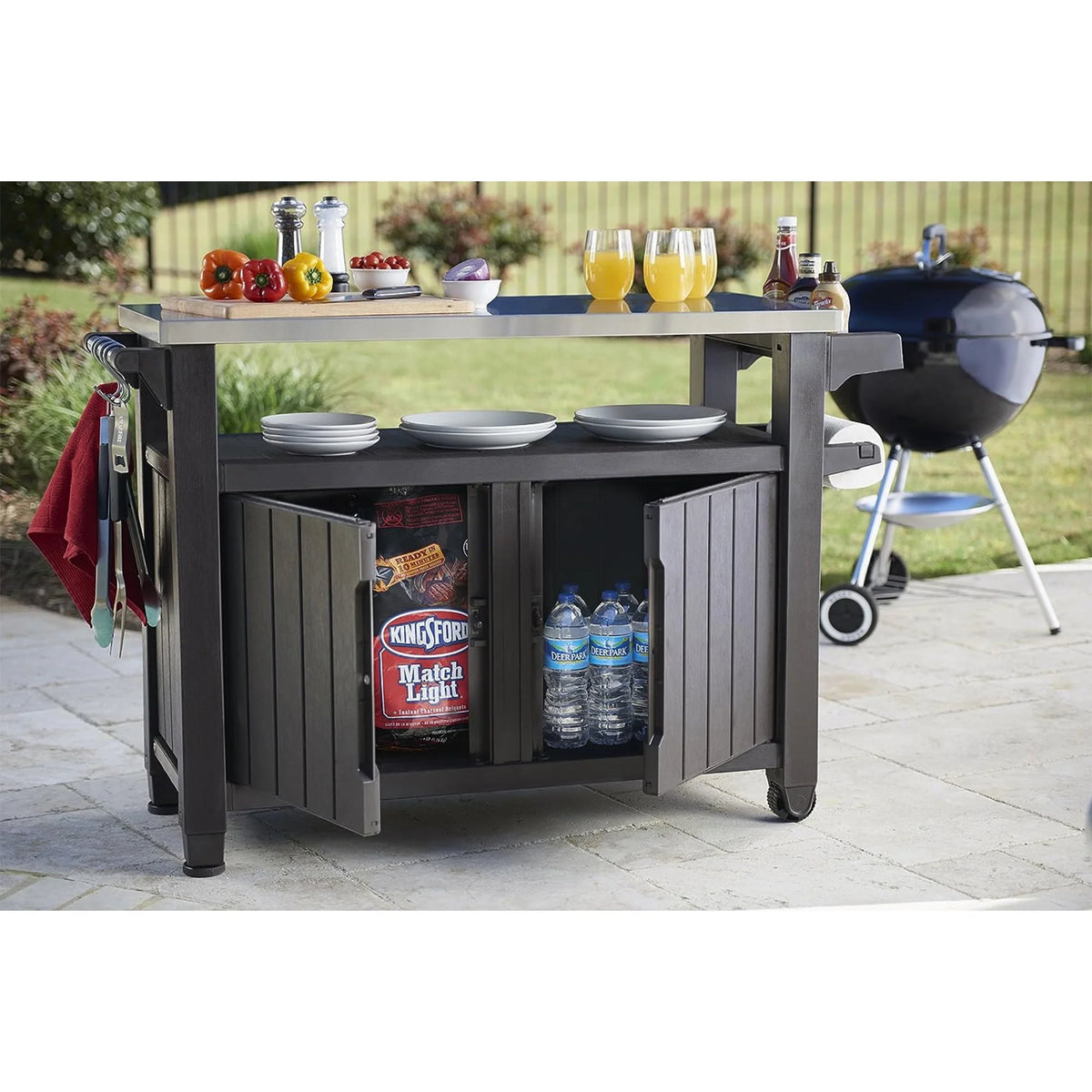 Brown Outdoor Kitchen Rolling Cart with Storage Cabinet V283