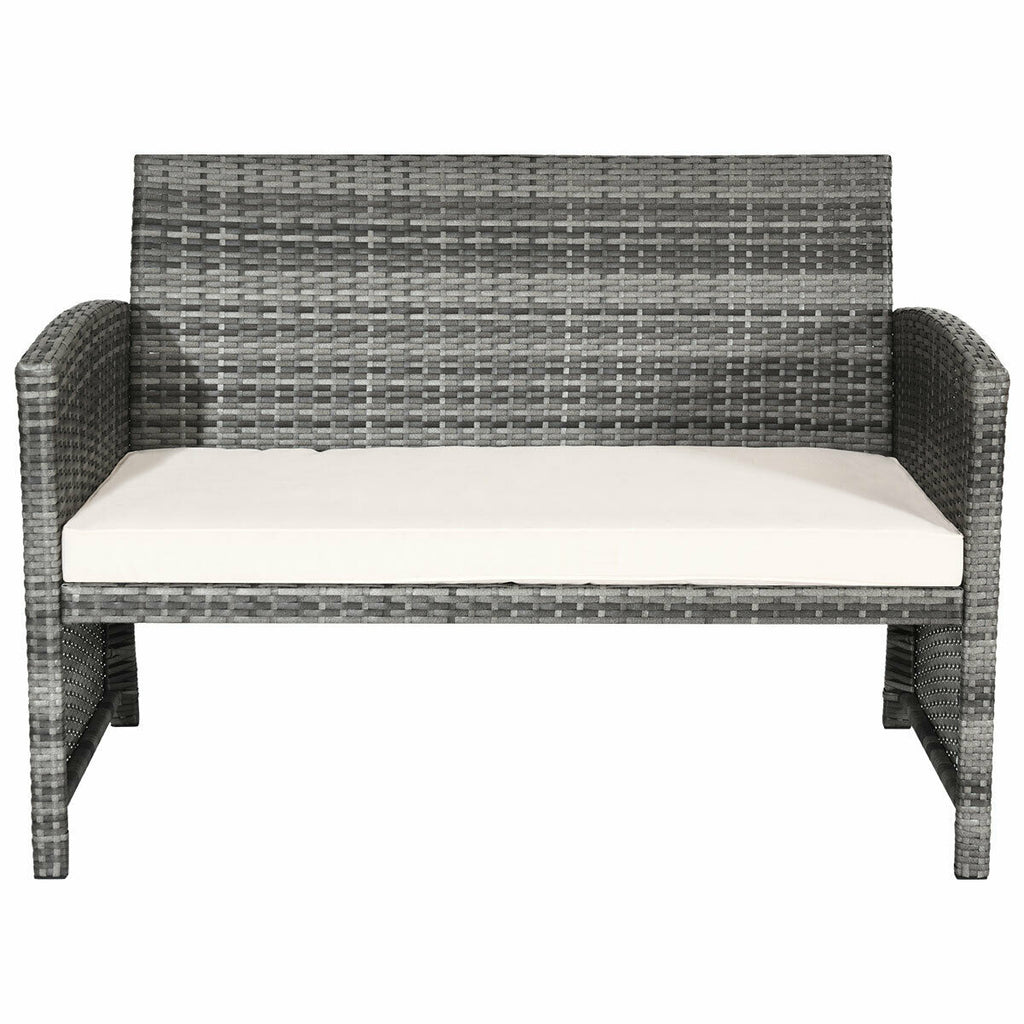 White Rattan Patio Furniture Set with Glass Table Top Cushioned Sofa F127