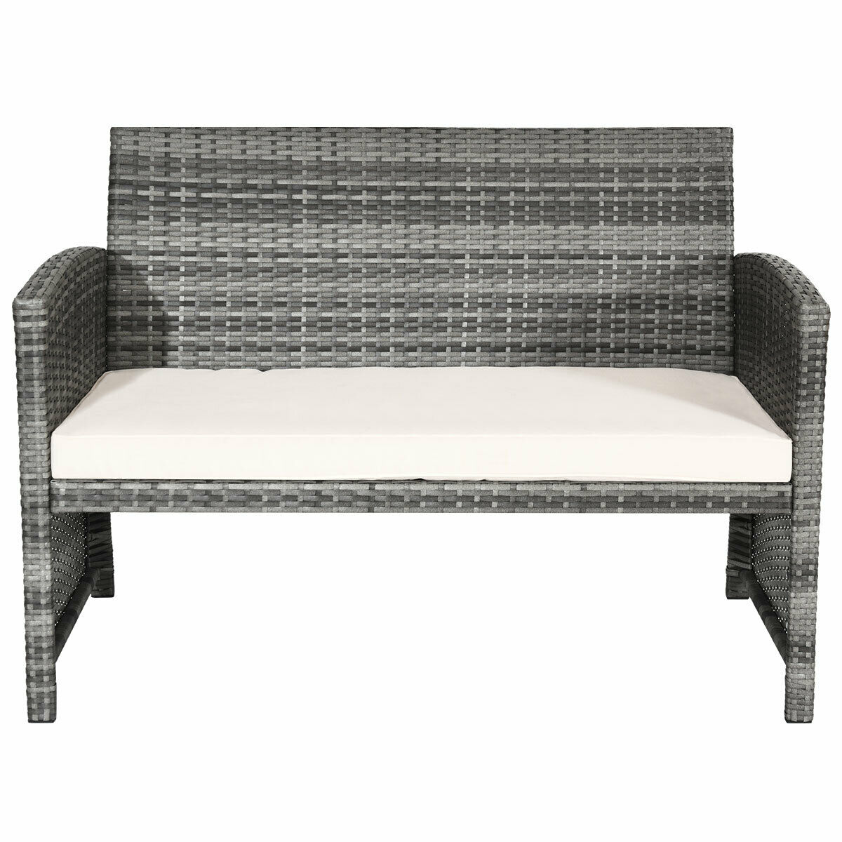 White Rattan Patio Furniture Set with Glass Table Top Cushioned Sofa F127