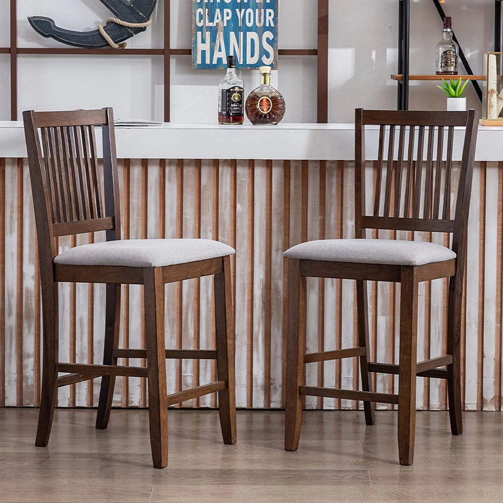 Wood Bar Stools Set of 2 Upholstered Counter Height Chairs Walnut I87543