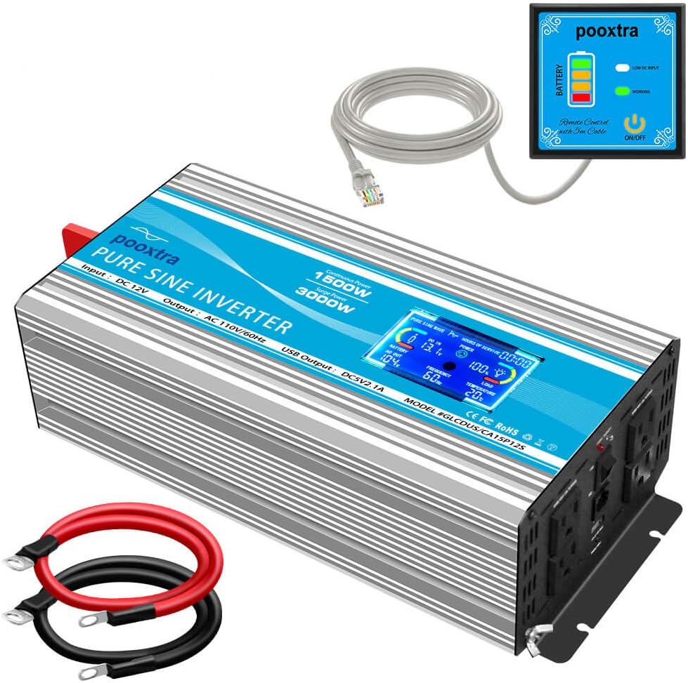 1500 Watt Pure Sine Wave Power Inverter 12V DC to 110V/120V AC with LCD Display USB Port 4AC Outlets V41910
