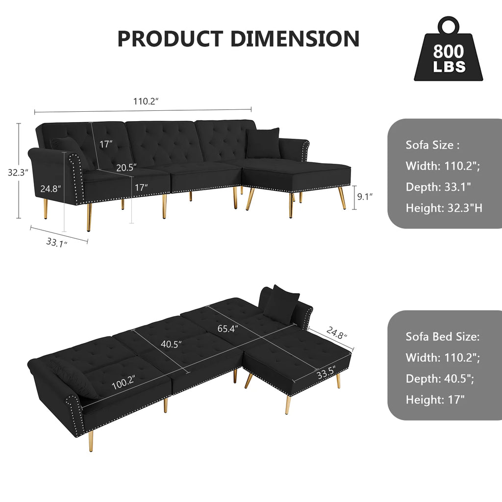 Velvet L Shaped Reversible Sectional Couch with Ottoman Q489