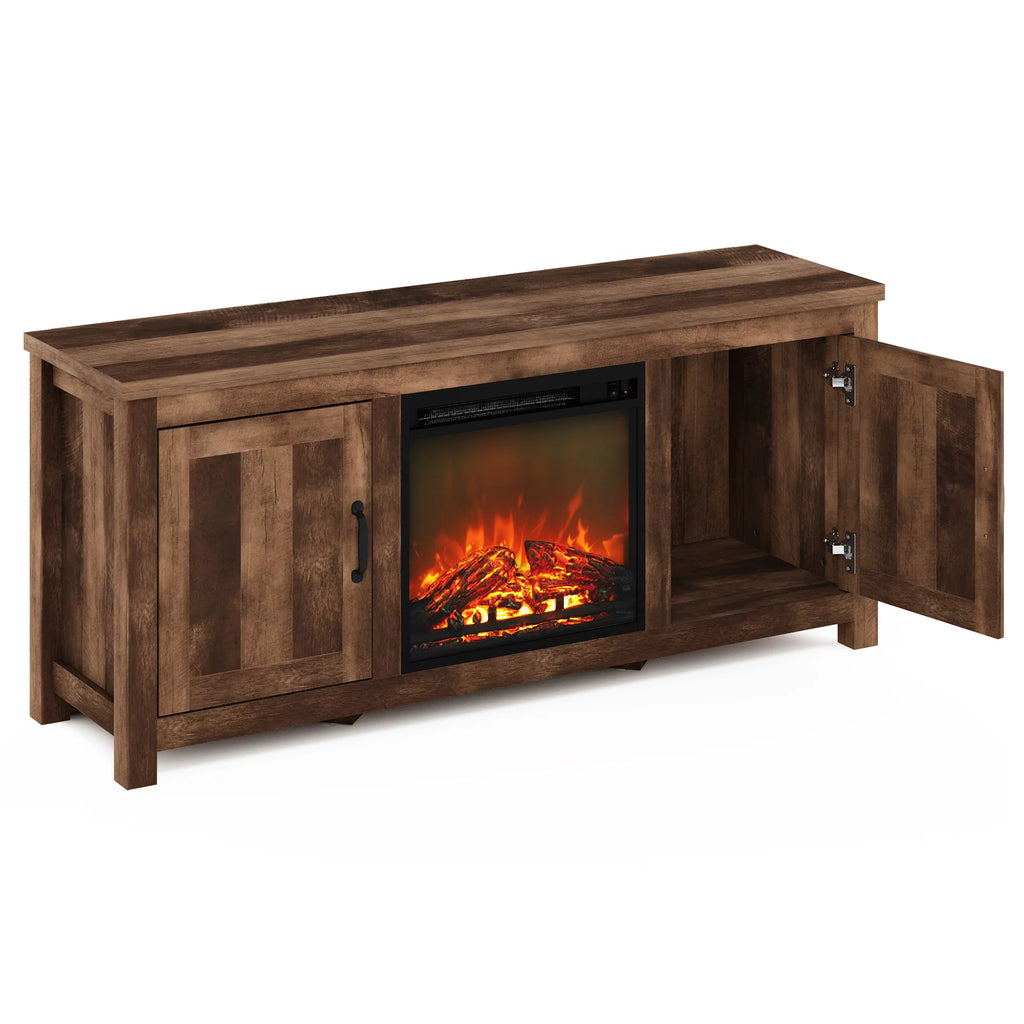 Farmhouse Barn Door Fireplace TV Stand with Storage Cabinet for TV up to 60 Inch, Rustic Brown C2838