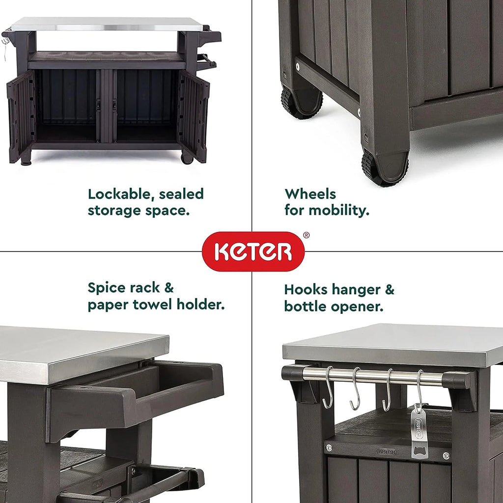 Brown Outdoor Kitchen Rolling Cart with Storage Cabinet V283