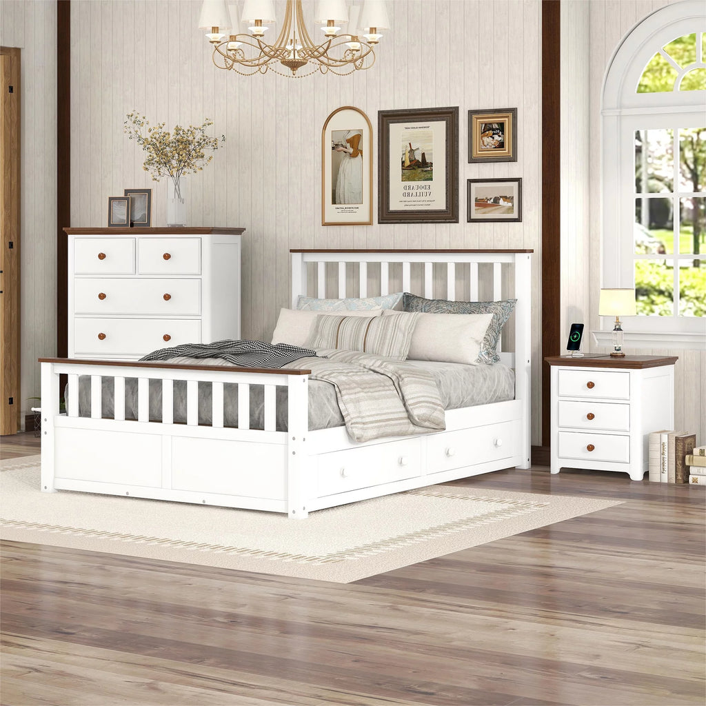 Full Size Platform Bed with Nightstand and Storage Chest, White and Walnut N21896