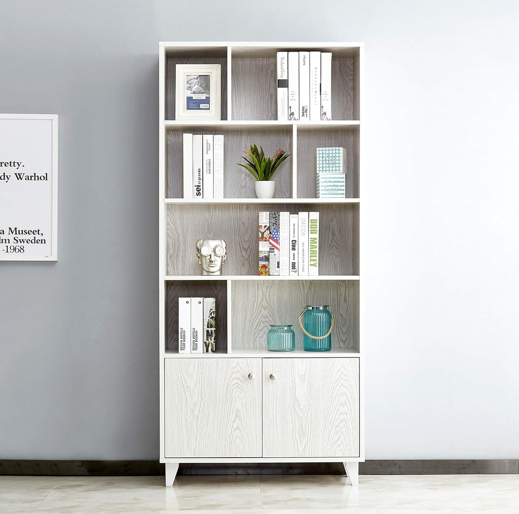 Modern Bookcase with 2 Doors 68 Tall Wooden Bookshelf with 7 Compartments L6733