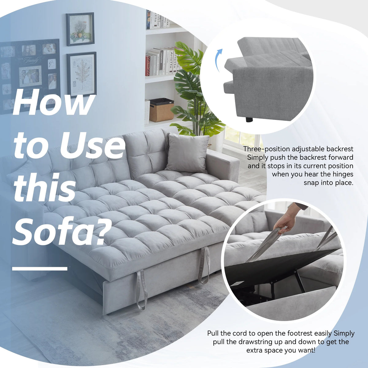 Queen Size L-Shaped Sleeper Sofa Bed with Storage Chaise N2646