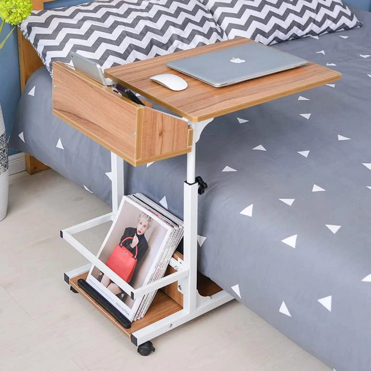 C Shaped Mobile Sofa Side Table with Wheels and Storage Shelves G458260