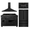 48 in. Dual Fuel Range, Range Hood, Microwave Drawer, Refrigerator in Black Stainless H5220