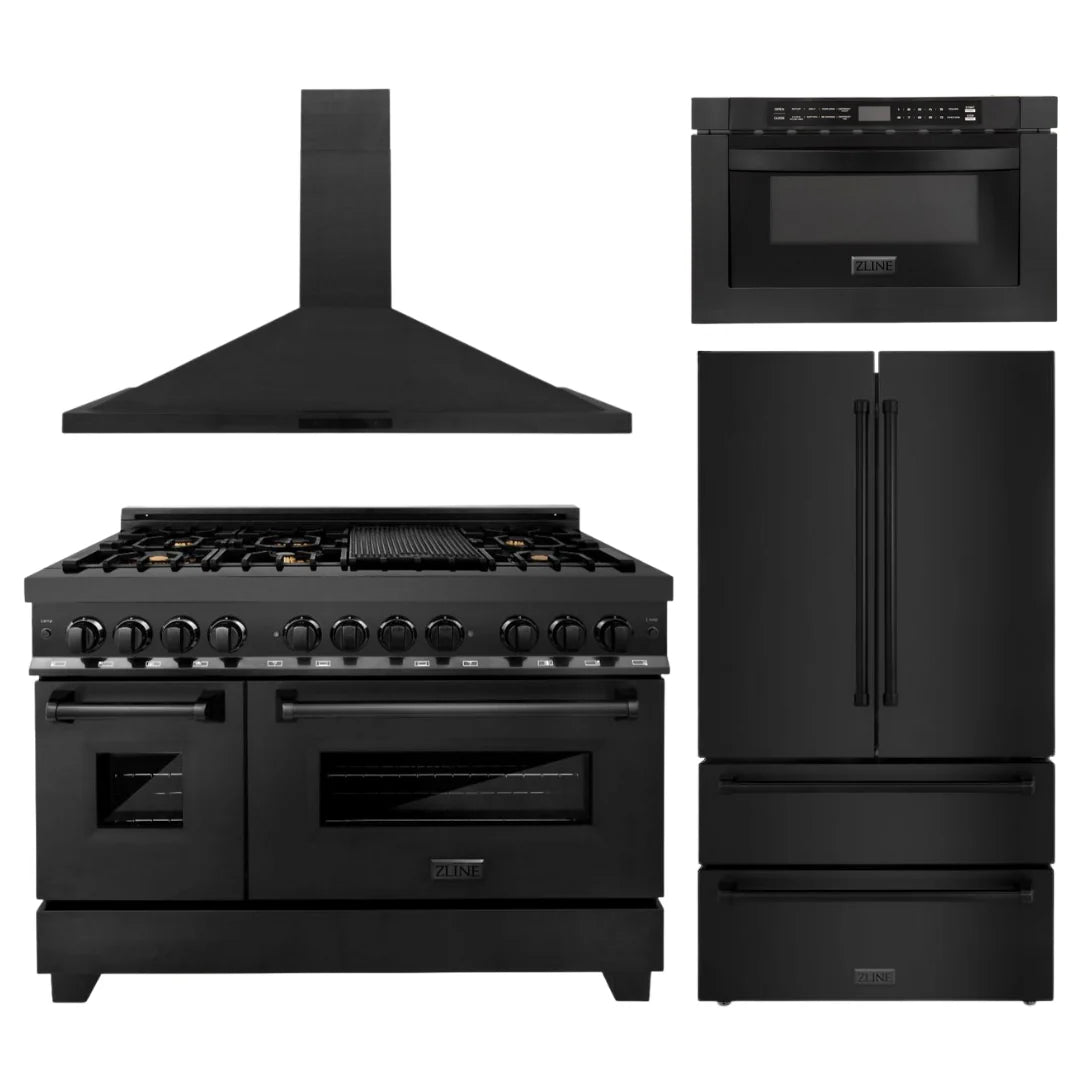 48 in. Dual Fuel Range, Range Hood, Microwave Drawer, Refrigerator in Black Stainless H5220