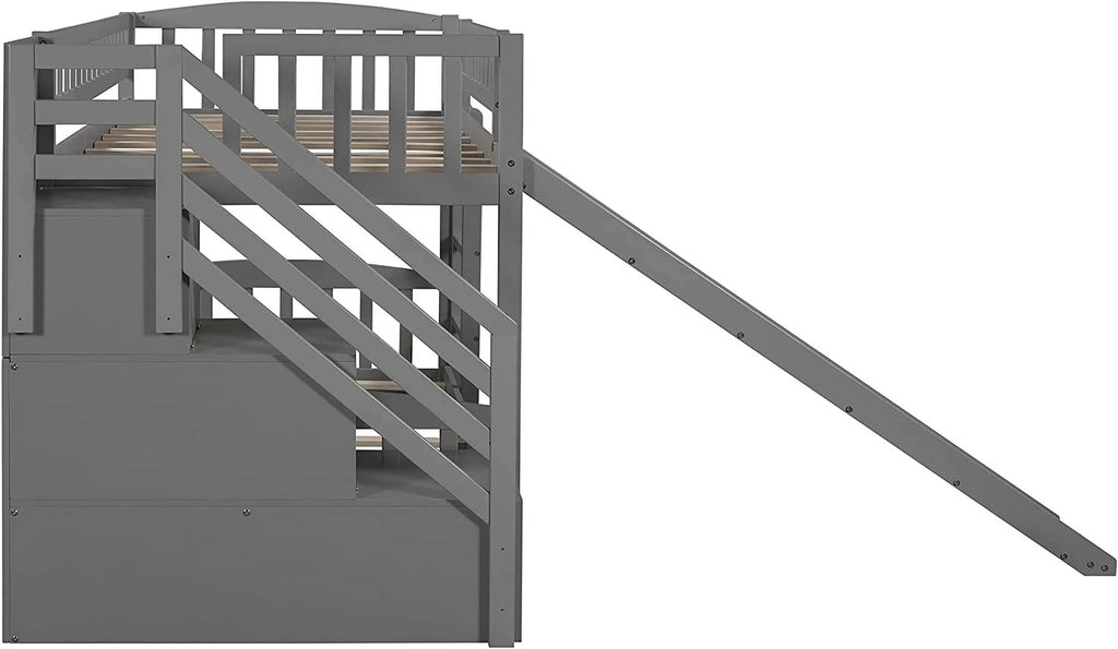 Wooden Bunk Bed with Slide and Guardrail T422785