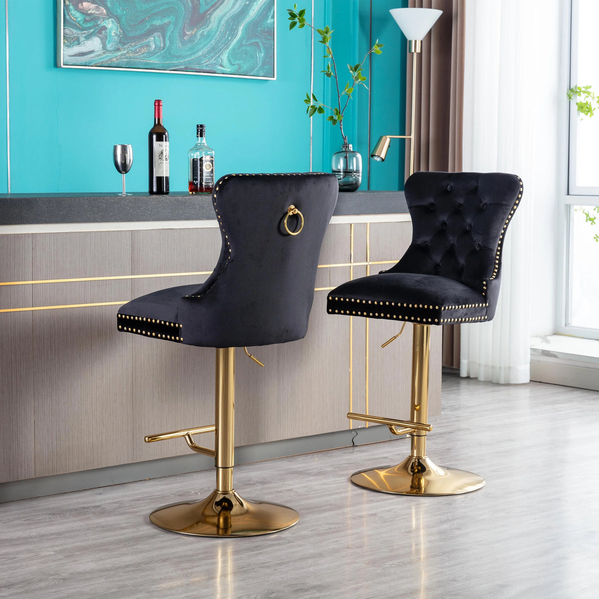 Black Velvet Swivel Bar Stools Set Of 2 Adjustable Counter Height C730