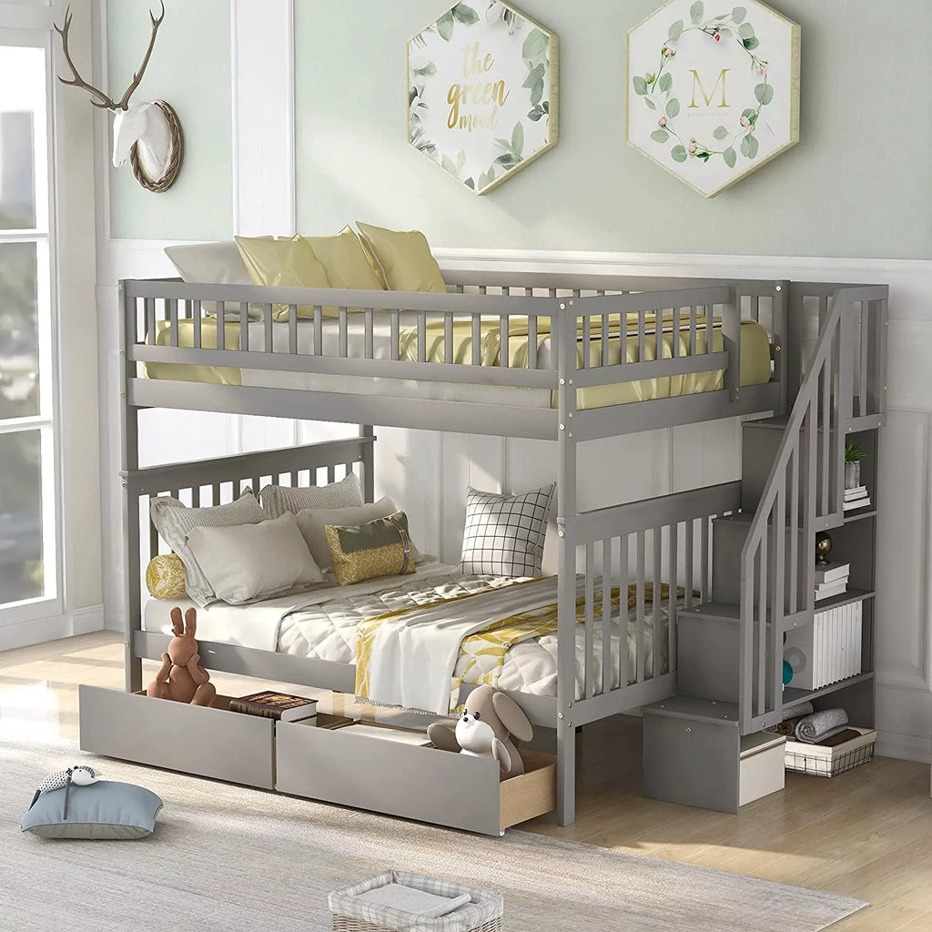 Full Over Full Wooden Bunk Bed with Stairs and Storage Drawers R9173