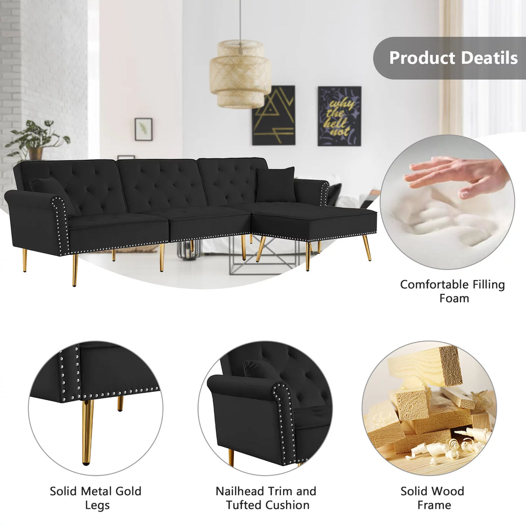 Velvet L Shaped Reversible Sectional Couch with Ottoman Q489