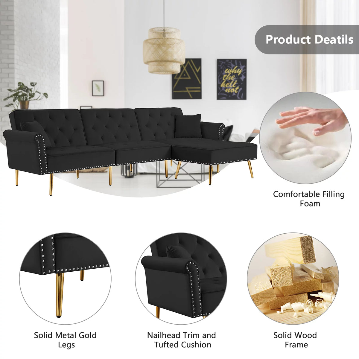 Velvet L Shaped Reversible Sectional Couch with Ottoman Q489
