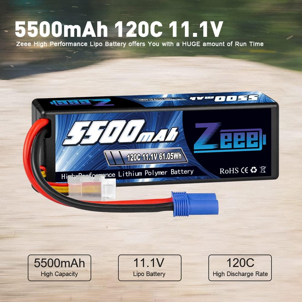 3S Lipo Battery 5500mAh 11.1V 120C Hard Case with EC5 Connector 2 Pack I4184