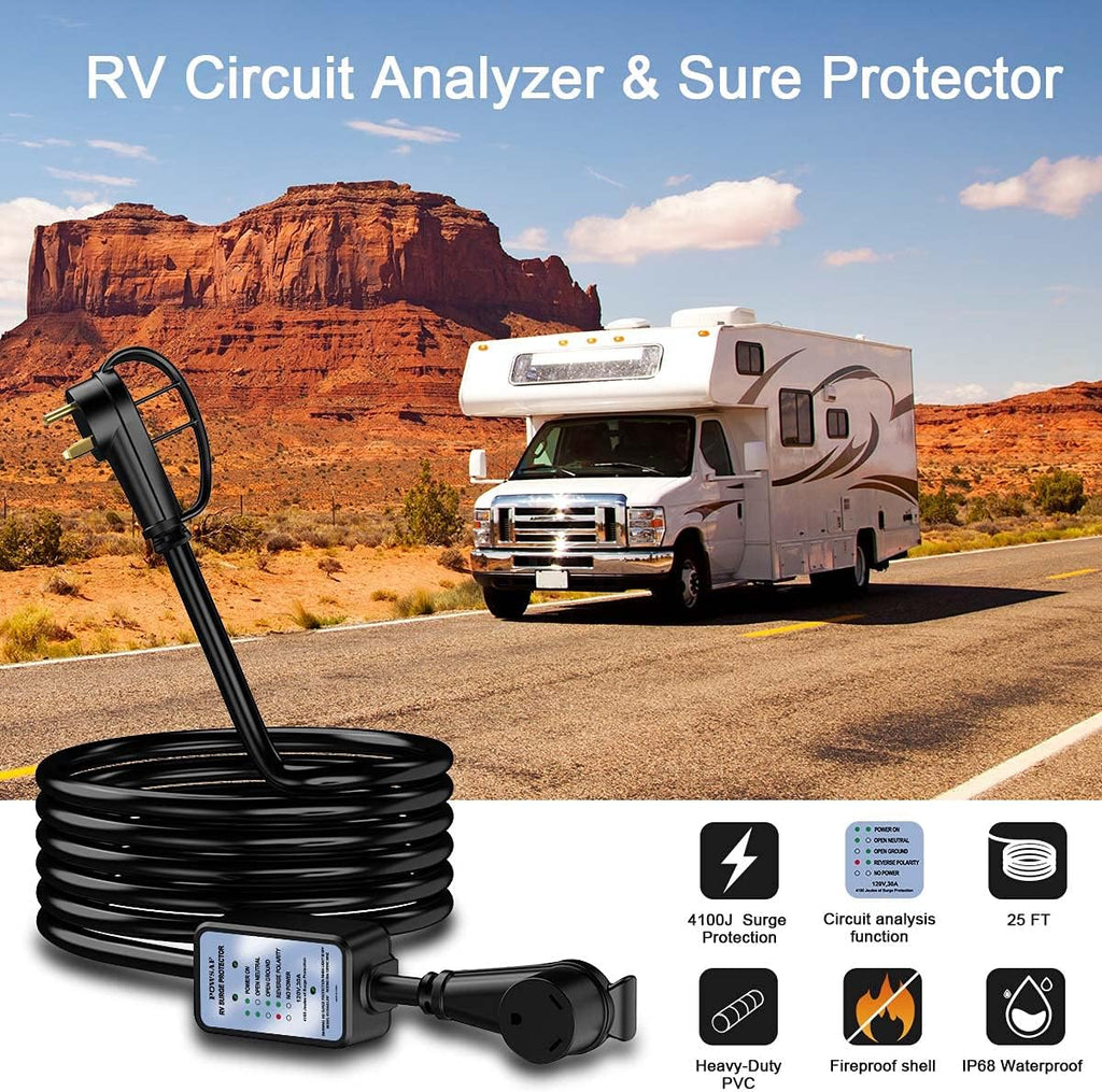 30 amp rv Extension Cord, 25 FT Waterproof rv Surge Protector with Circuit Analyzer V969405