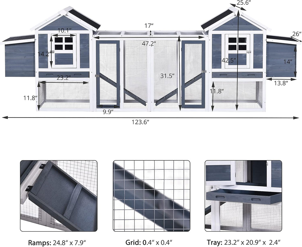 Chicken Coop Hen House Poultry Cage Wooden Rabbit Hutch Small Animal House with Nesting Boxes, 2 Run Play Area, Ramps, Waterproof Roof & Pull Out Tray N750