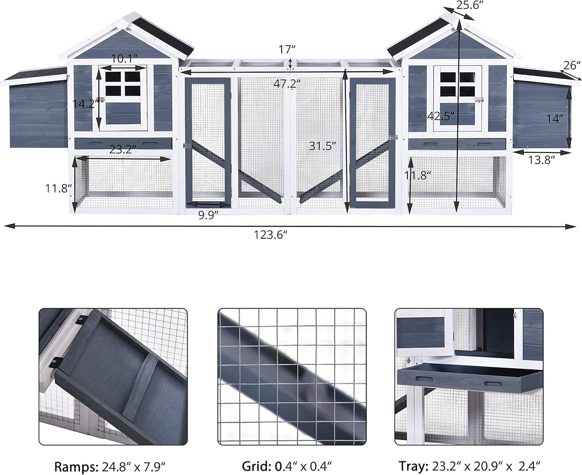 Chicken Coop Hen House Poultry Cage Wooden Rabbit Hutch Small Animal House with Nesting Boxes, 2 Run Play Area, Ramps, Waterproof Roof & Pull Out Tray N750
