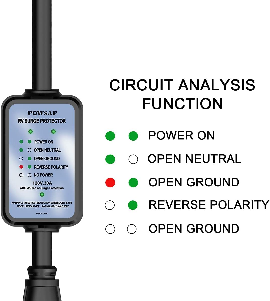 30 amp rv Extension Cord, 25 FT Waterproof rv Surge Protector with Circuit Analyzer V969405