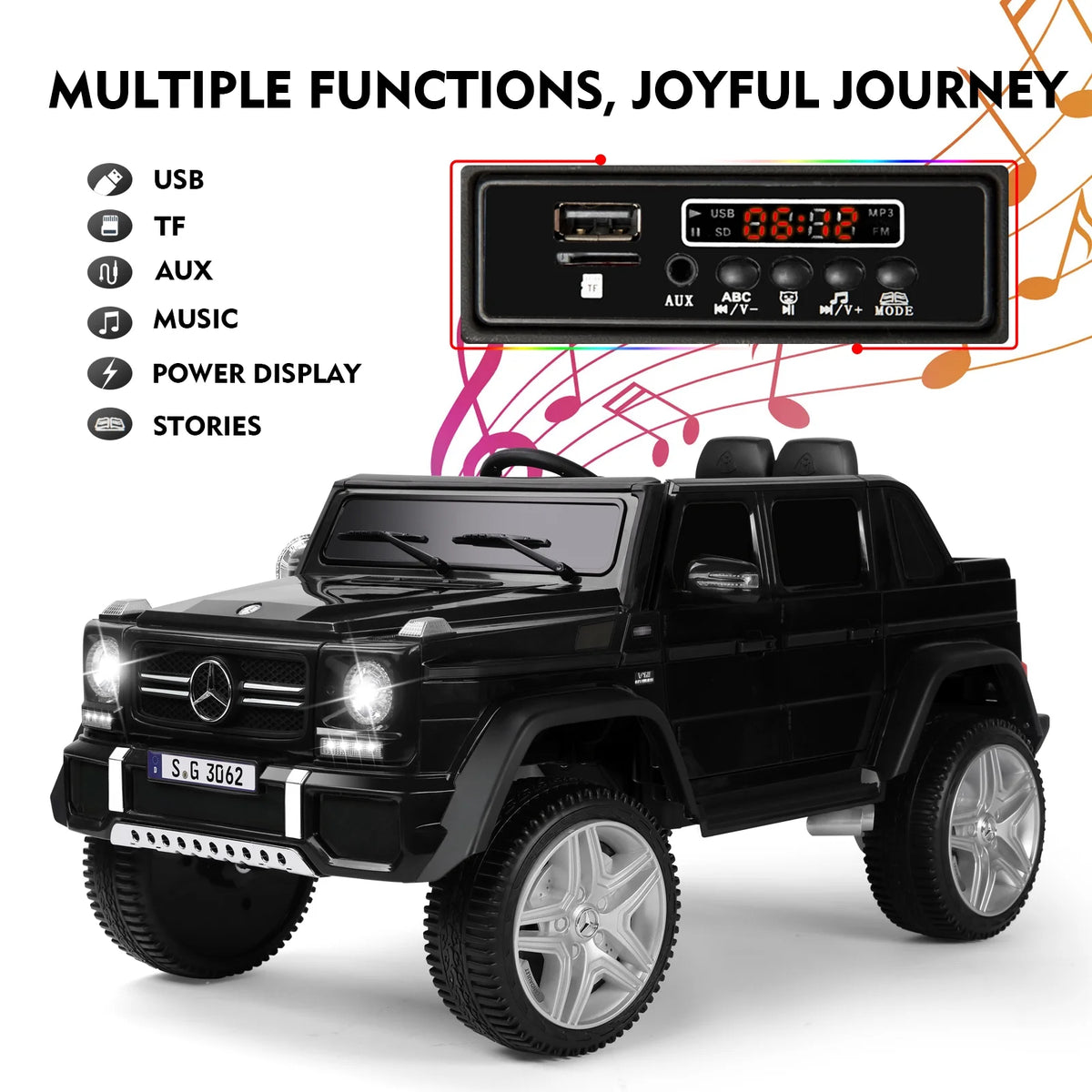 12V Kids Ride on Car with Remote Control, LED Light (Black) I81255