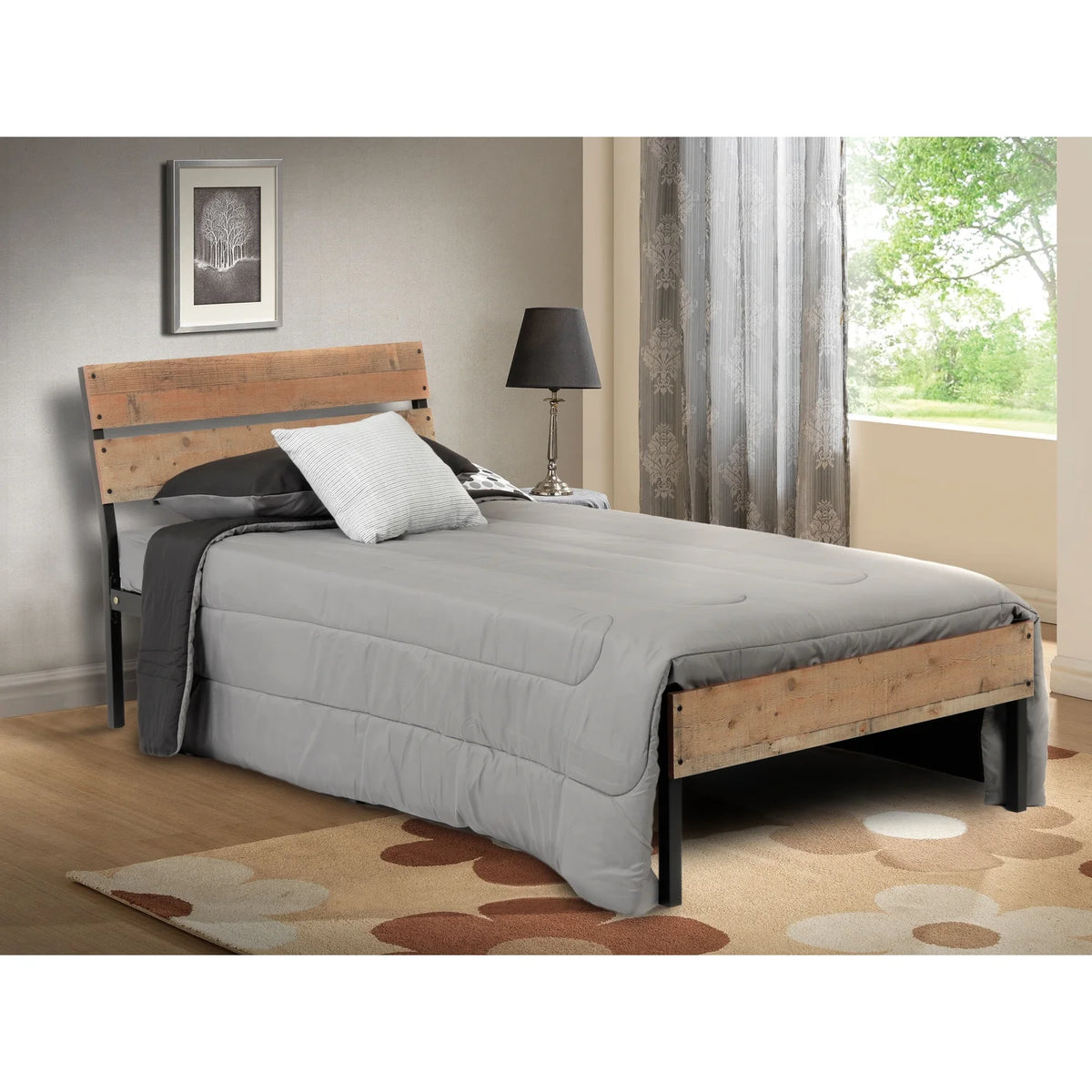 Twin Bed Frame with Black Metal Base and Rustic Barnwood Headboard and Footboard G3942