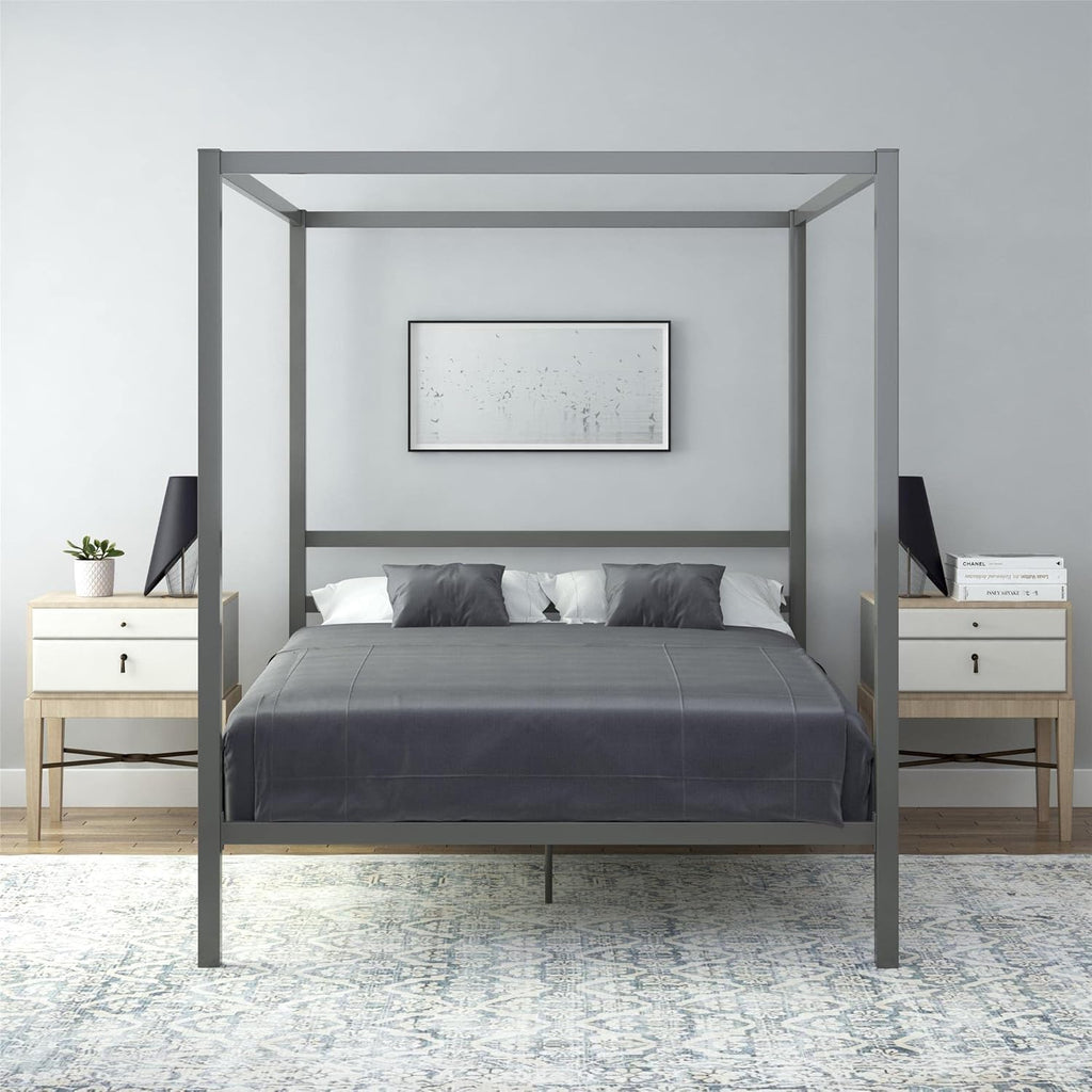 King Size Gray Canopy Bed with Built-in Headboard P218388