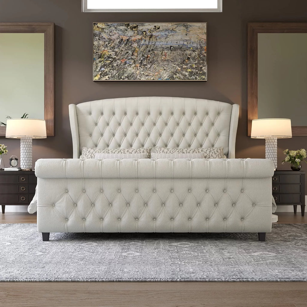 Queen Size Black Velvet Upholstered Platform Bed Frame H4376