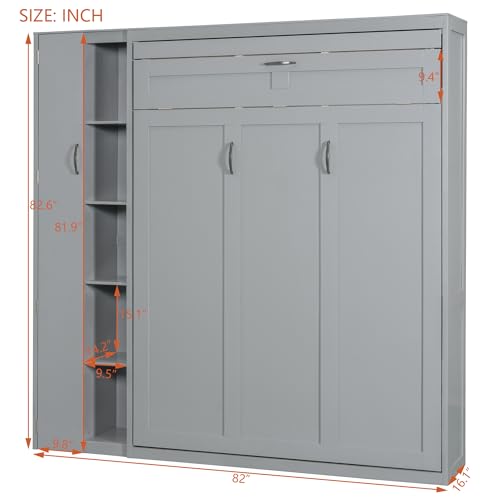 Gray Queen Size Murphy Bed with Storage Shelves and LED Lights M475740
