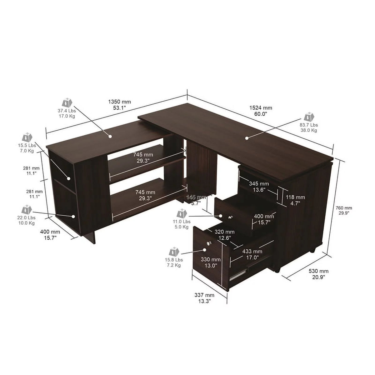Espresso Reversible Computer Desk & Bookcase Set Q9320