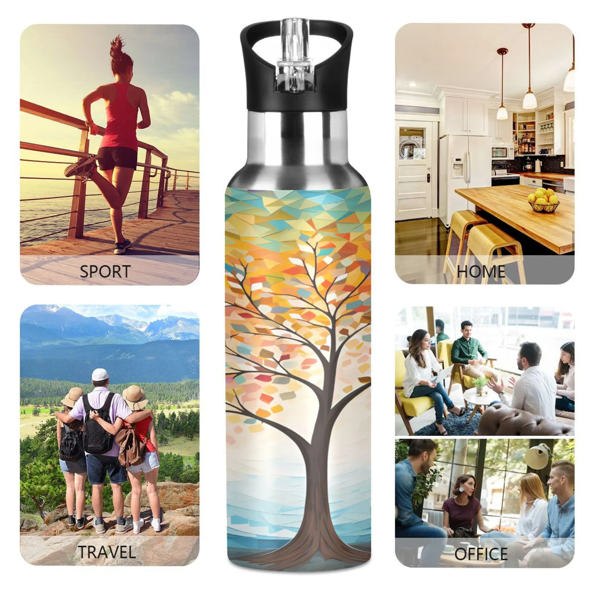 Orange Tree Abstract Stainless Steel Insulated Water Bottle with Straw Lid K592207