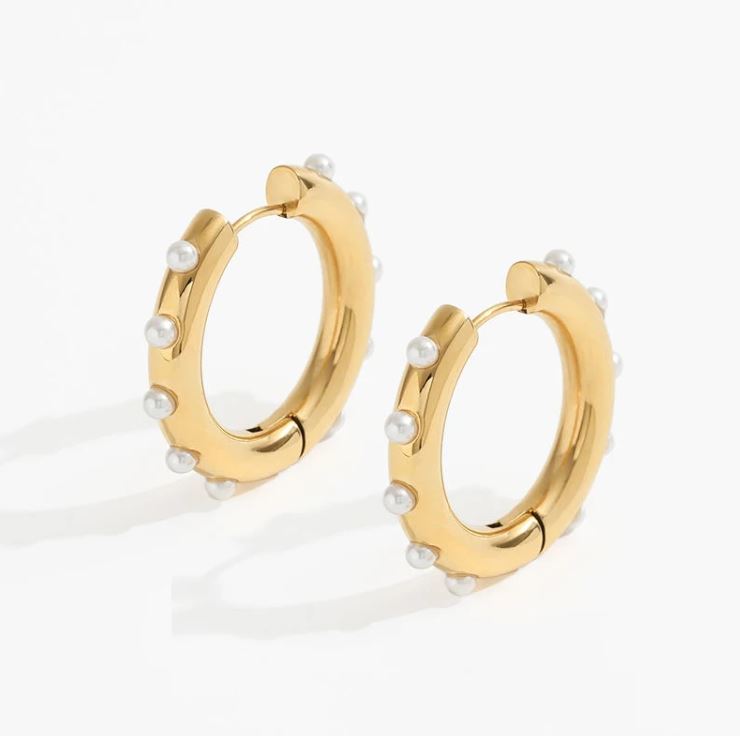 18K Gold Plated Stainless Steel Pearl Hoop Earrings A277