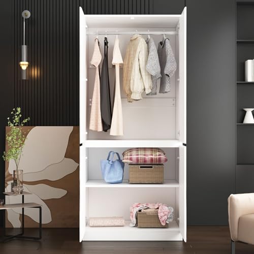 White 4 Door Mirrored Wardrobe Closet with Hanging Rod J55453