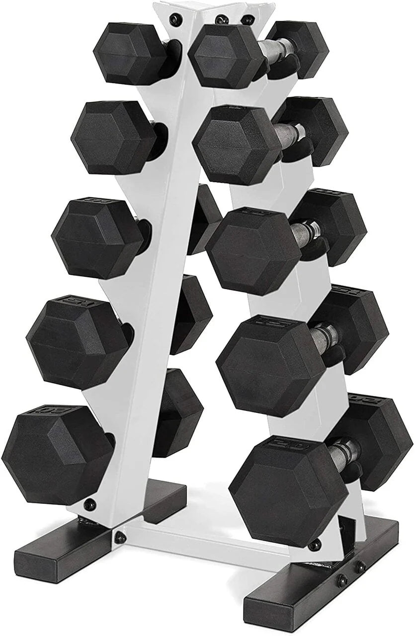 5-25 Lb. Rubber Coated Hex Dumbbell Set with Storage Rack L87259
