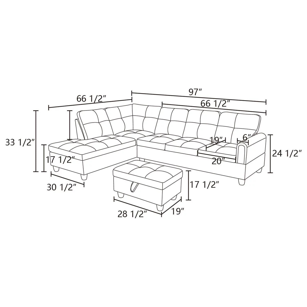 97" 2 Pieces L-Shaped Sectional Sofa with Pillows Brown Faux Leather I4980