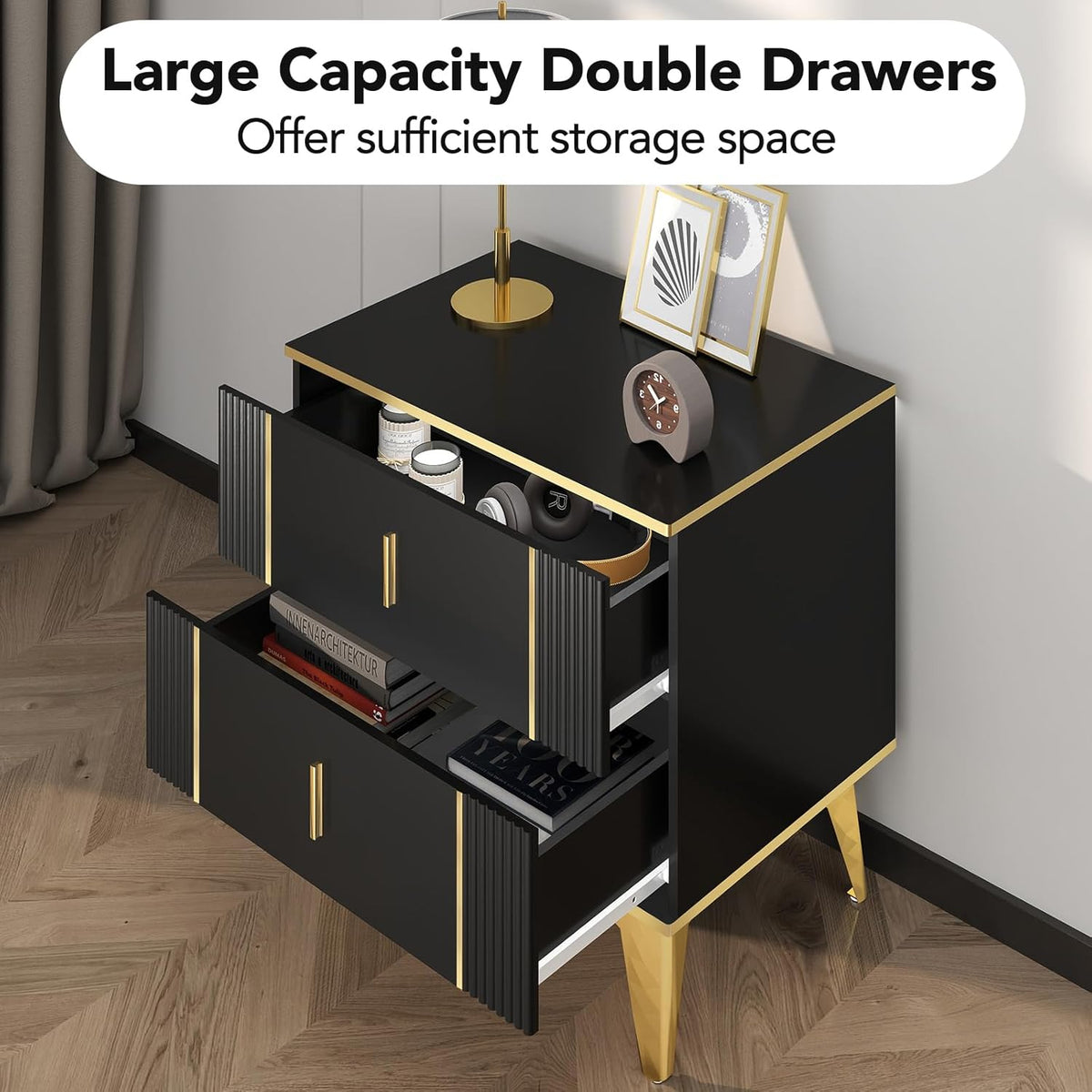 Black Nightstand Set of 2 with 2 Wood Drawers W463306