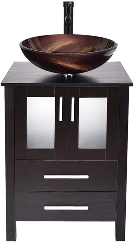 24-Inch MDF Wood Dark Coffee Bathroom Vanity with Square Glass Sink Top T25859