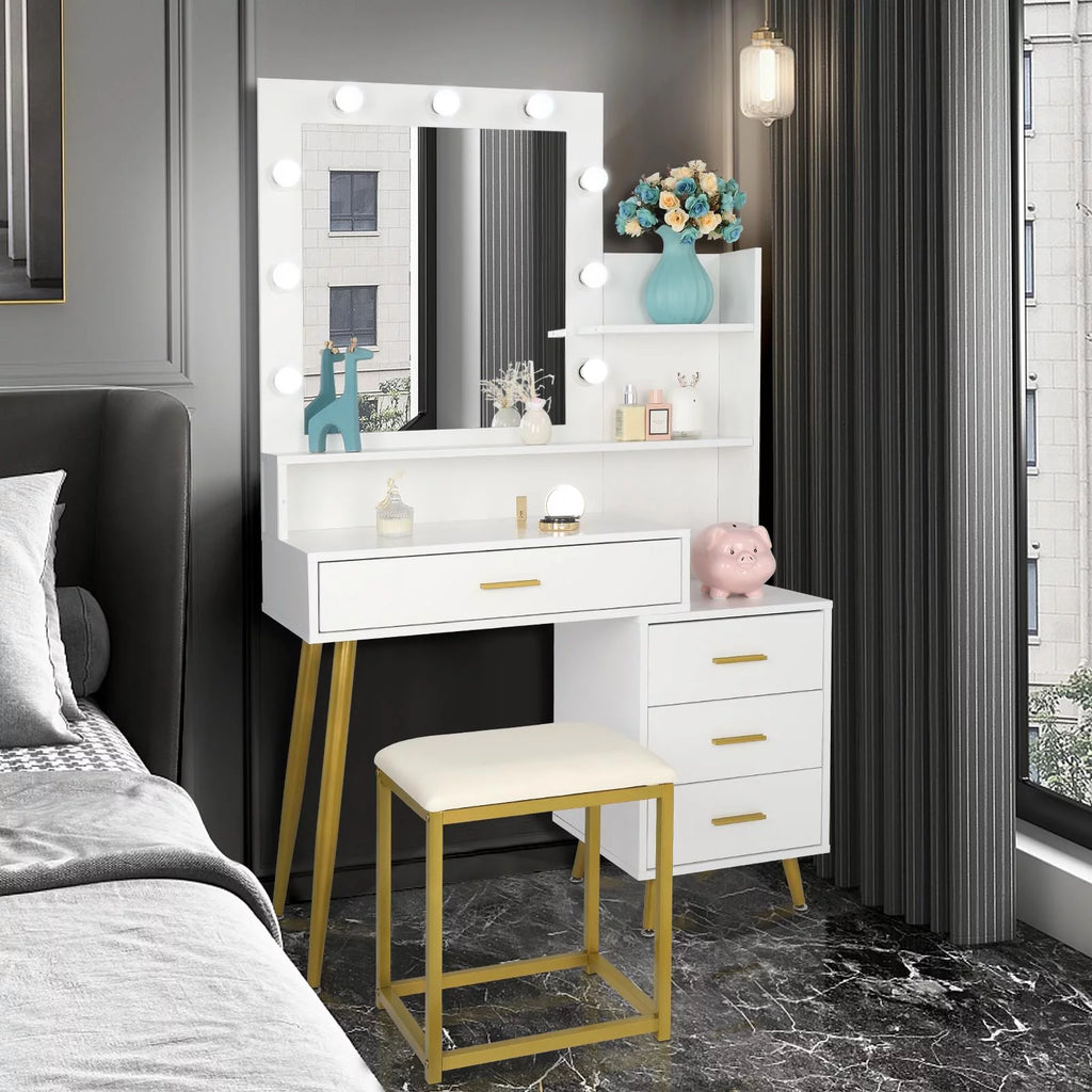 White Vanity Table Set with Lighted Mirror and 4 Drawers S165357
