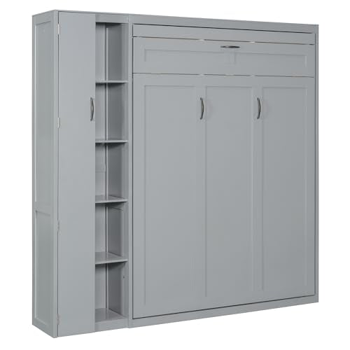 Gray Queen Size Murphy Bed with Storage Shelves and LED Lights M475740