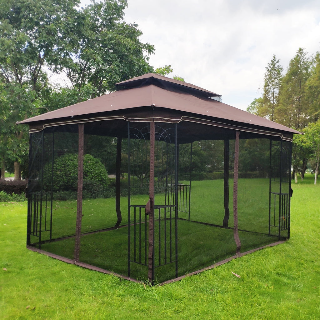 Brown Outdoor Patio Gazebo Canopy Tent With Mosquito Net J236337