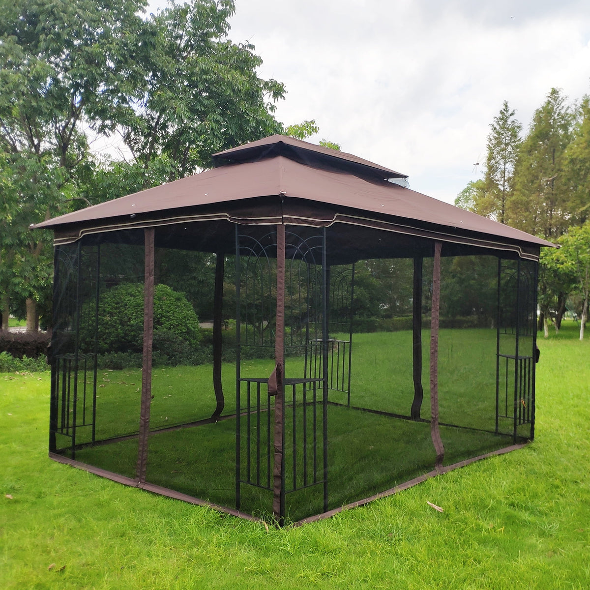 Brown Outdoor Patio Gazebo Canopy Tent With Mosquito Net J236337
