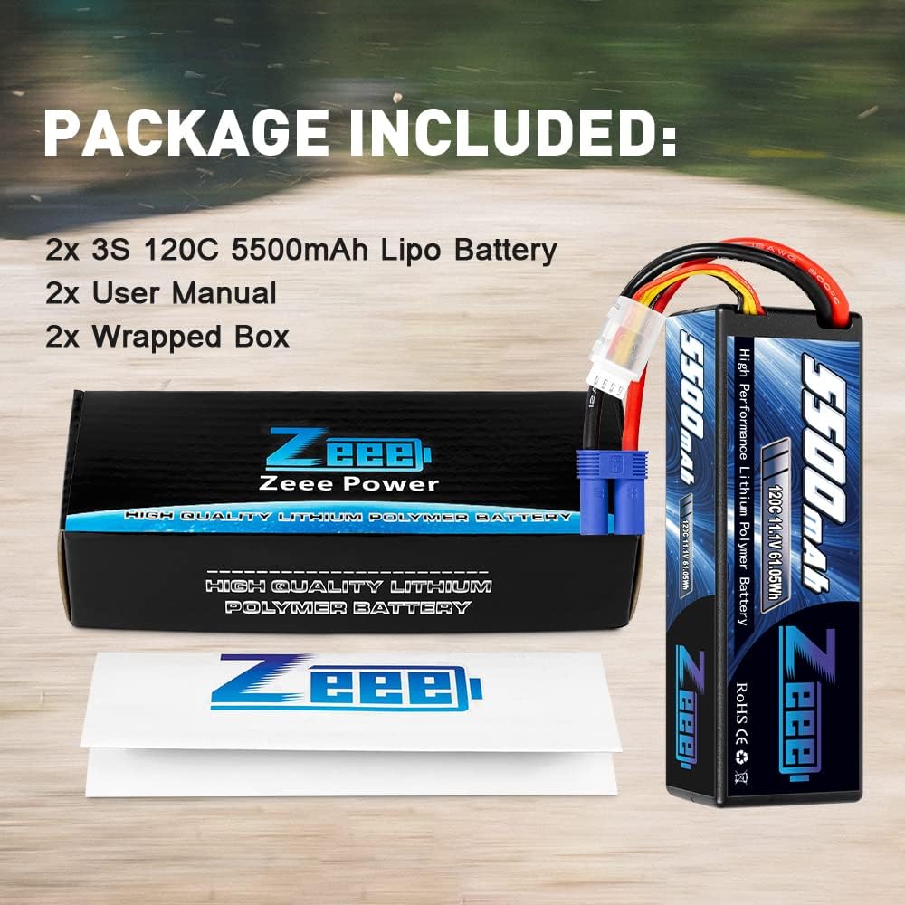 3S Lipo Battery 5500mAh 11.1V 120C Hard Case with EC5 Connector 2 Pack I4184